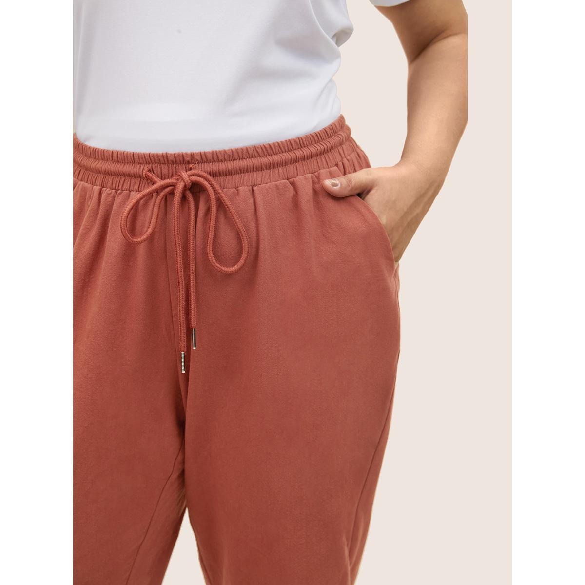Plus Size Solid Color Drawstring Pencil Pants Women Maroon Casual Loose High Rise Everyday Pants BloomChic 10/M Product Image