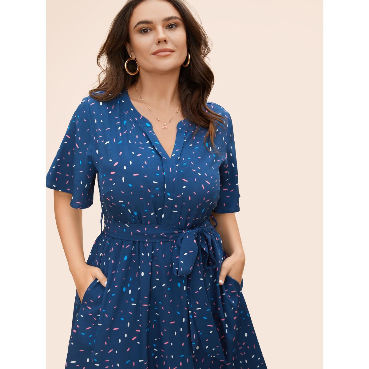 Plus Size Split Neck Confetti Print Midi Dress DarkBlue Women Elegant Belted Notched collar Short sleeve Curvy BloomChic 26/4X Product Image