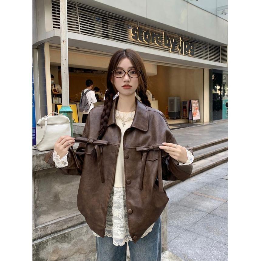 Long Sleeve Faux Leather Bow Accent Loose-Fit Jacket / Long Sleeve Plain Lace Panel Top Product Image