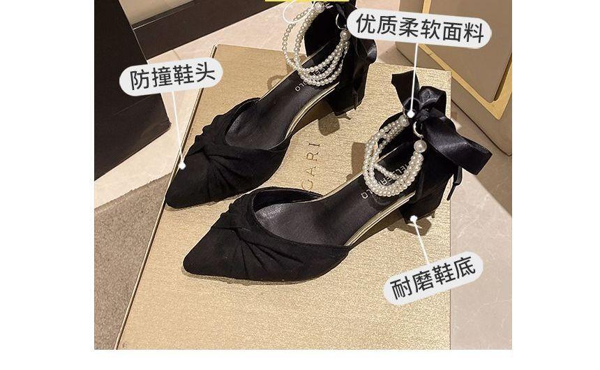 Pointed Knot Faux Pearl Bow Ankle Strap Low Heel Sandals Product Image