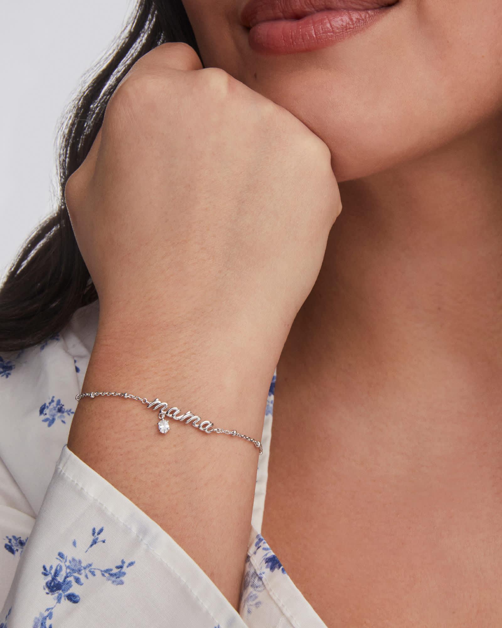 Mama Silver Crystal Delicate Chain Bracelet Product Image
