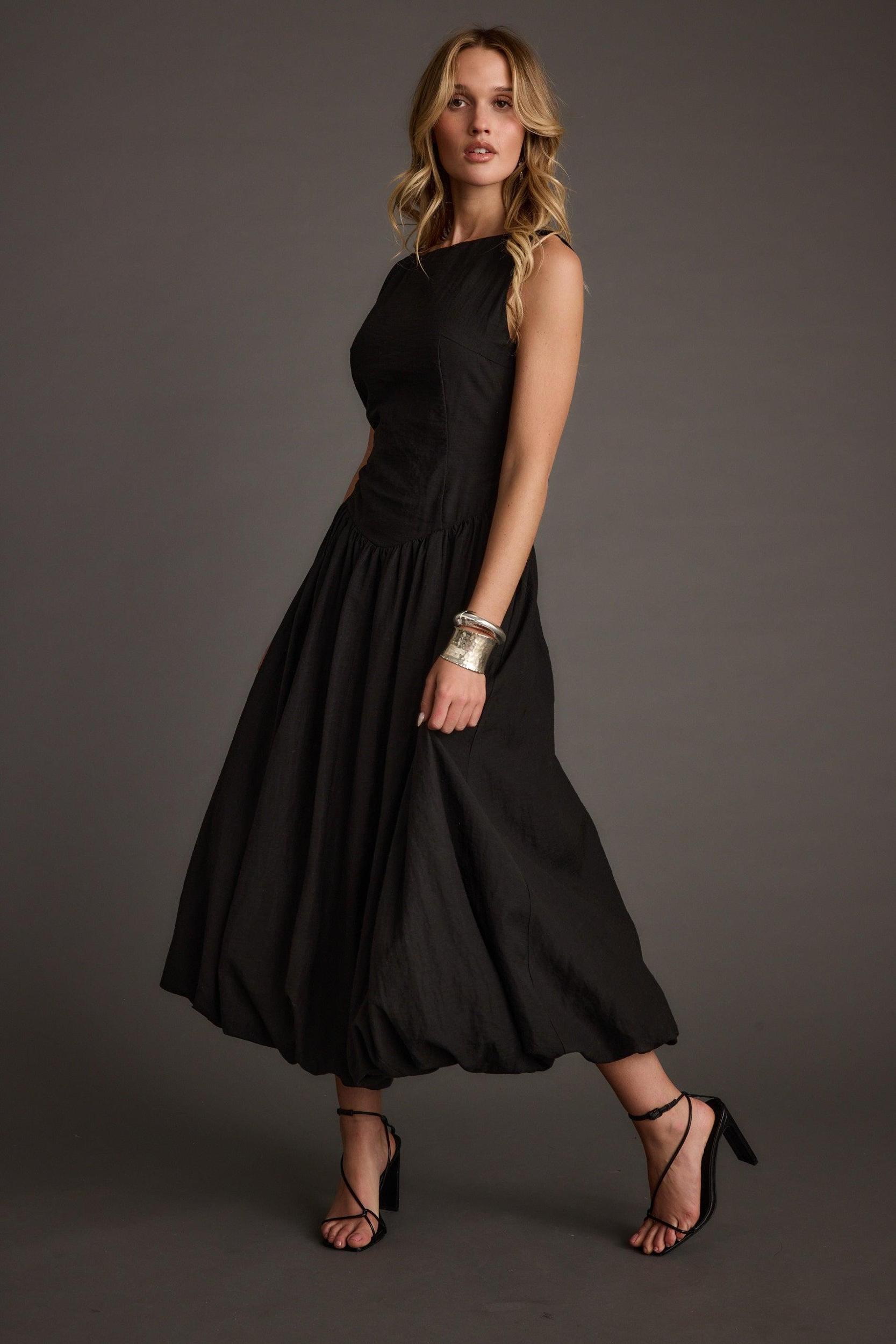 Kate Black Drop Waist Bubble Hem Midi Dress Product Image