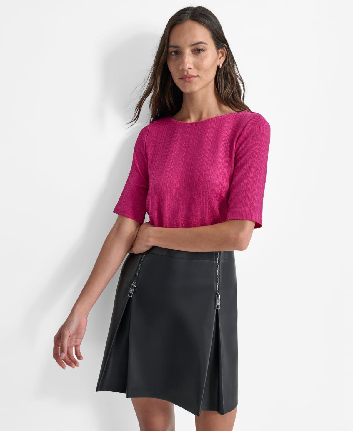 Dkny Womens Round-Neck Short-Sleeve Variegated-Rib Top Product Image