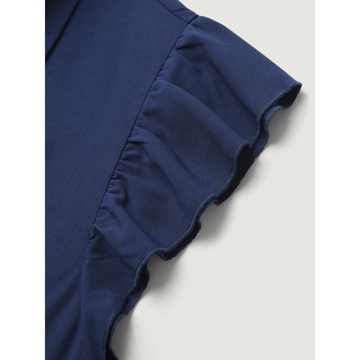 Plus Size Flutter Sleeve Belted Shirt Dress DarkBlue Women Shirt collar Cap Sleeve Curvy BloomChic 28/5X Product Image