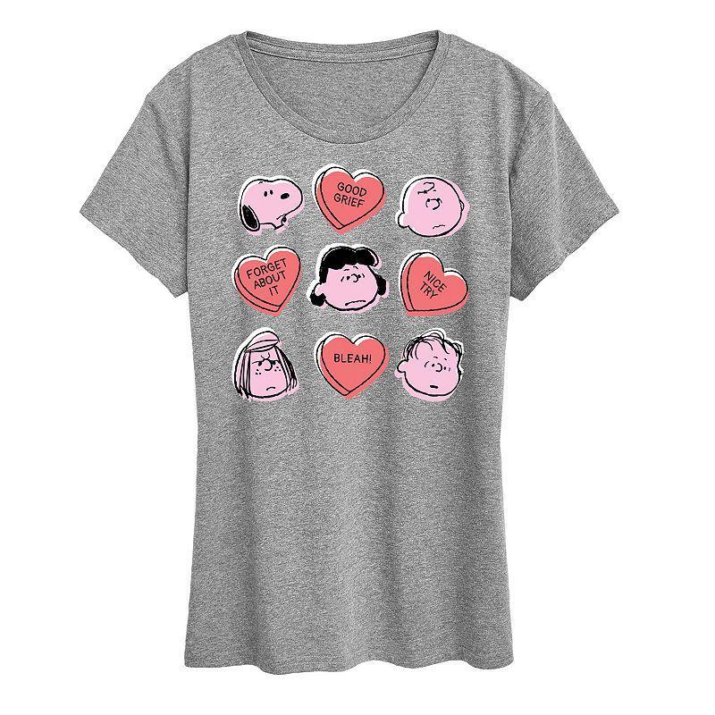 Women's Peanuts Valentine's Candy Heart Grid Graphic Tee, Size: Medium, Grey Wine Product Image
