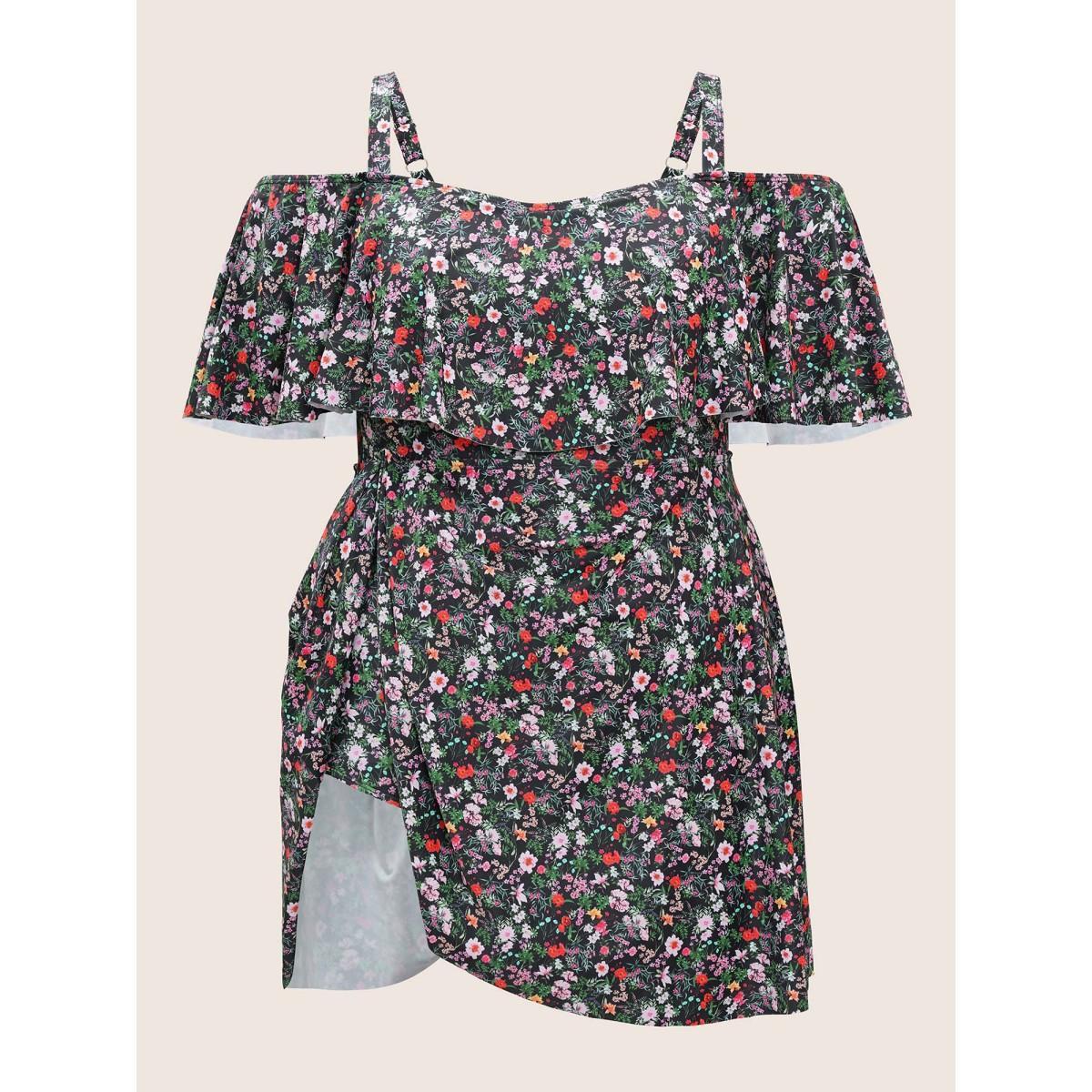 Plus Size Ditsy Floral Ruffles Cold Shoulder Swim Dress Women's Swimwear Black Beach Bodycon One-shoulder neck High stretch Curve Swim Dresses BloomChic 22-24/3X Product Image