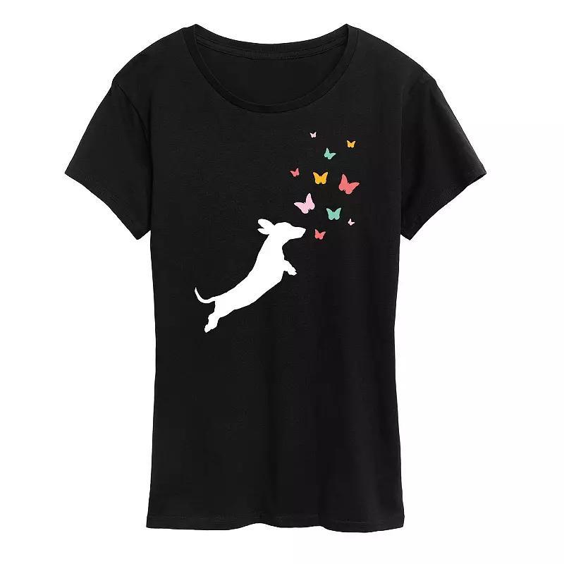 Women's Dachshund Chasing Butterflies Graphic Tee, Size: Small, Black Product Image