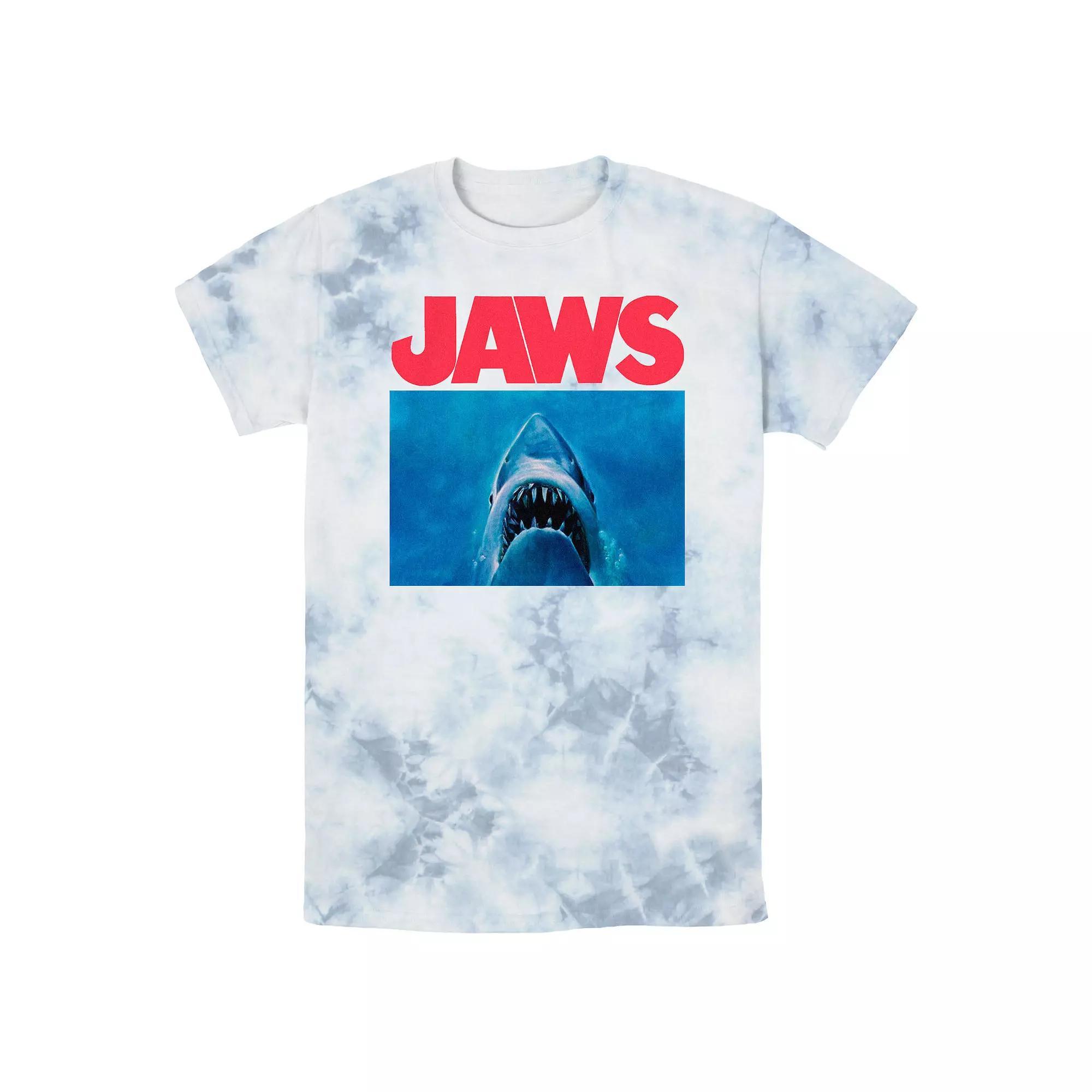 Men's Jaws Shark Underwater Poster Bombard Wash Graphic Tee, Size: Medium, White Blue Product Image