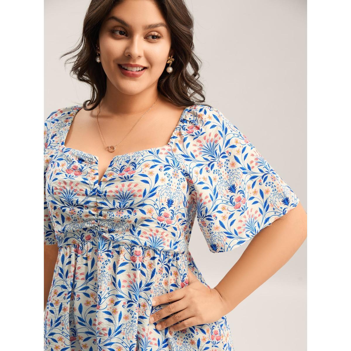 Plus Size Skyblue Floral Print Ruched Bodice Blouse Women Half Sleeve Notched collar Everyday-Elegant Blouses BloomChic 18-20/2X Product Image