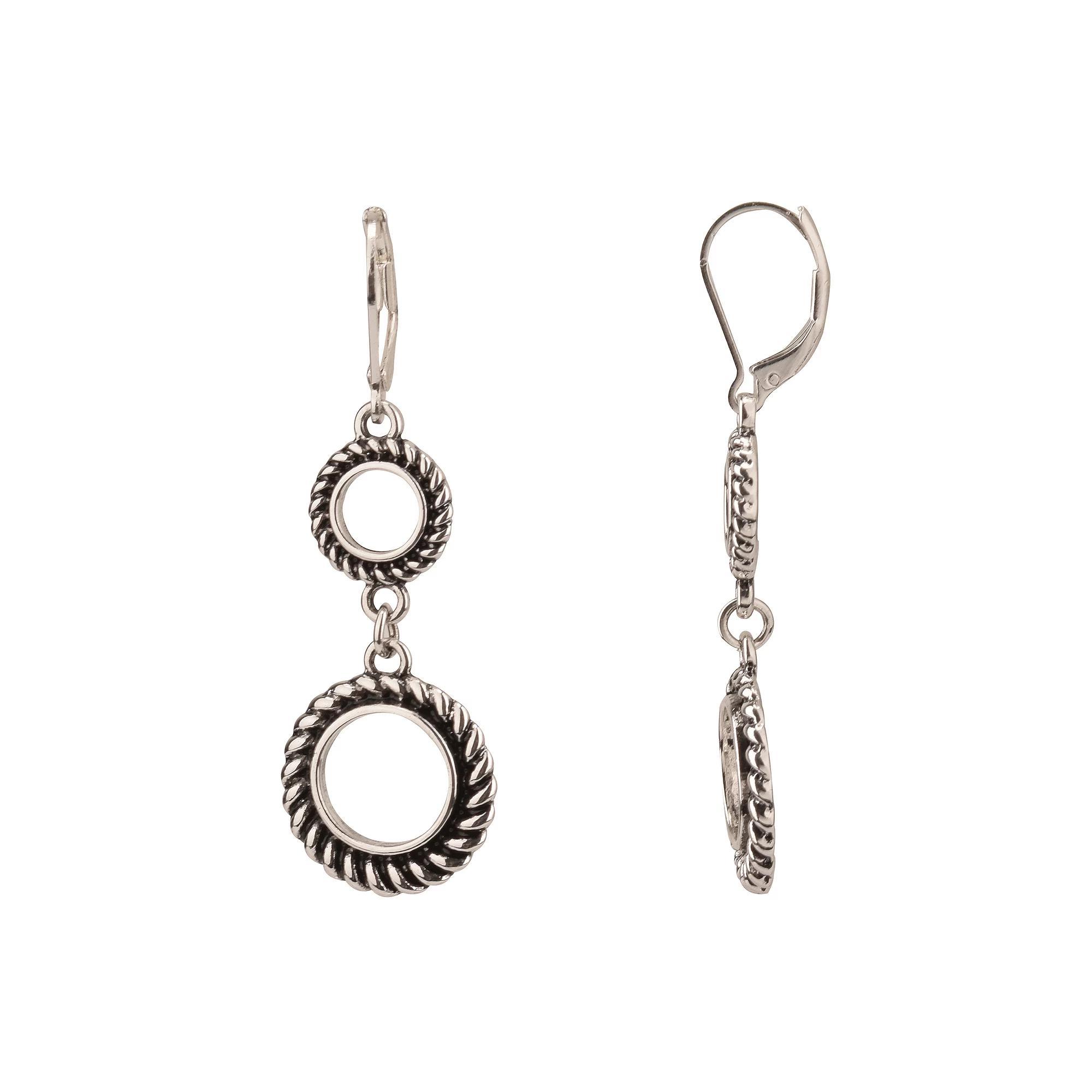 Silver Tone Double Antiqued Ring Drop Earrings, Women's, None Product Image