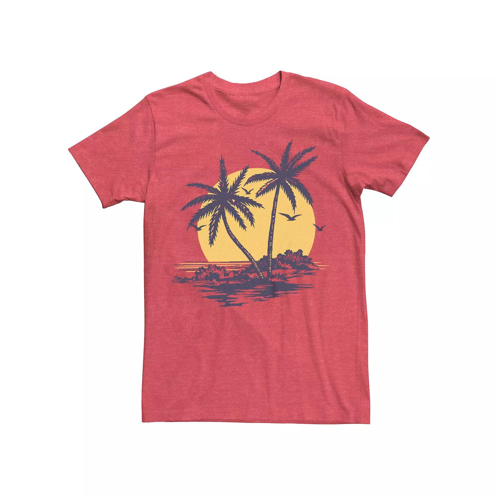 Men's Palm Trees Sunset Beach Graphic Tee, Size: XXL, Red Grey Product Image