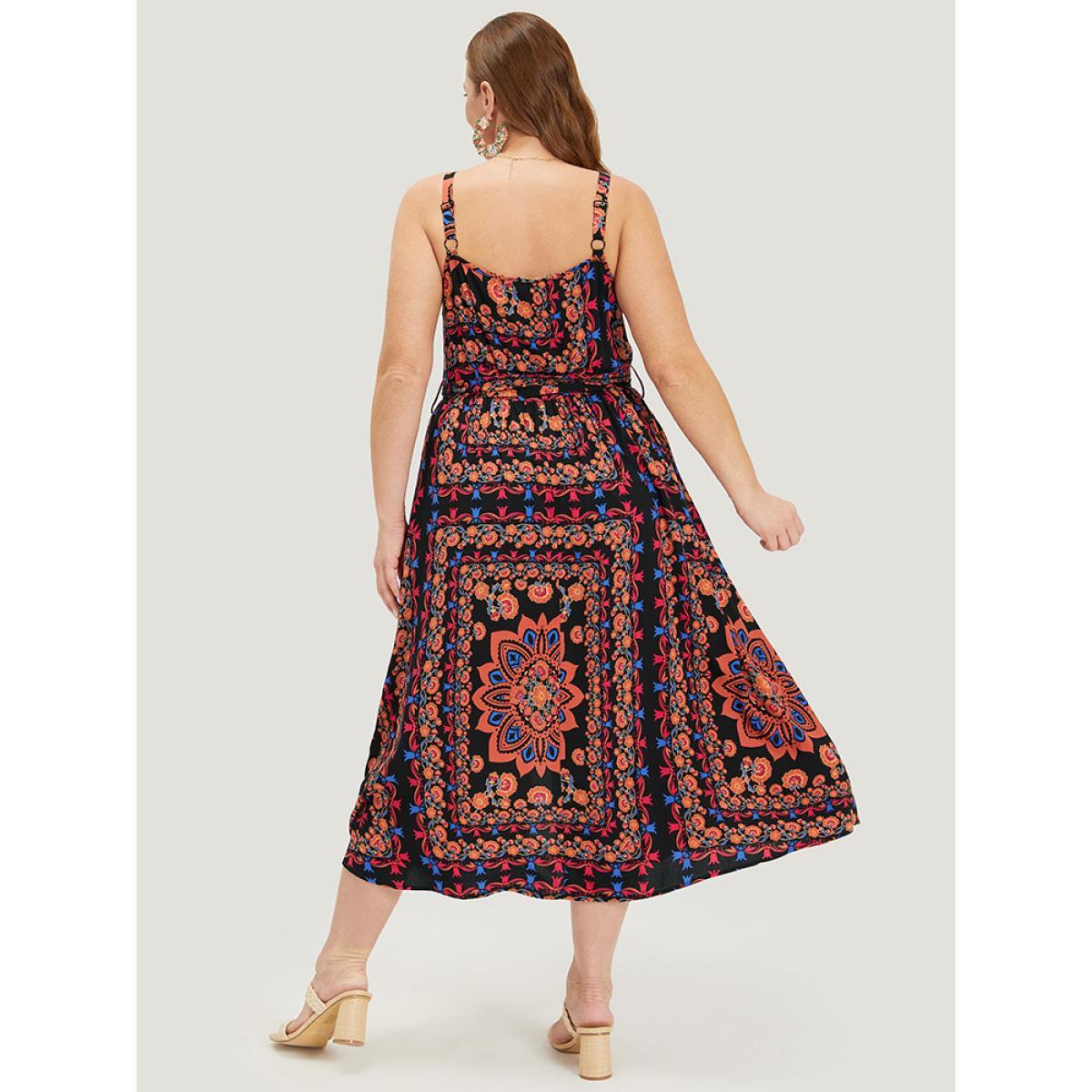 Plus Size Boho Print Belted Split Hem Pocket Cami Dress Black Women Vacation Gathered V-neck Sleeveless Curvy Midi Dress BloomChic 14-16/1X Product Image