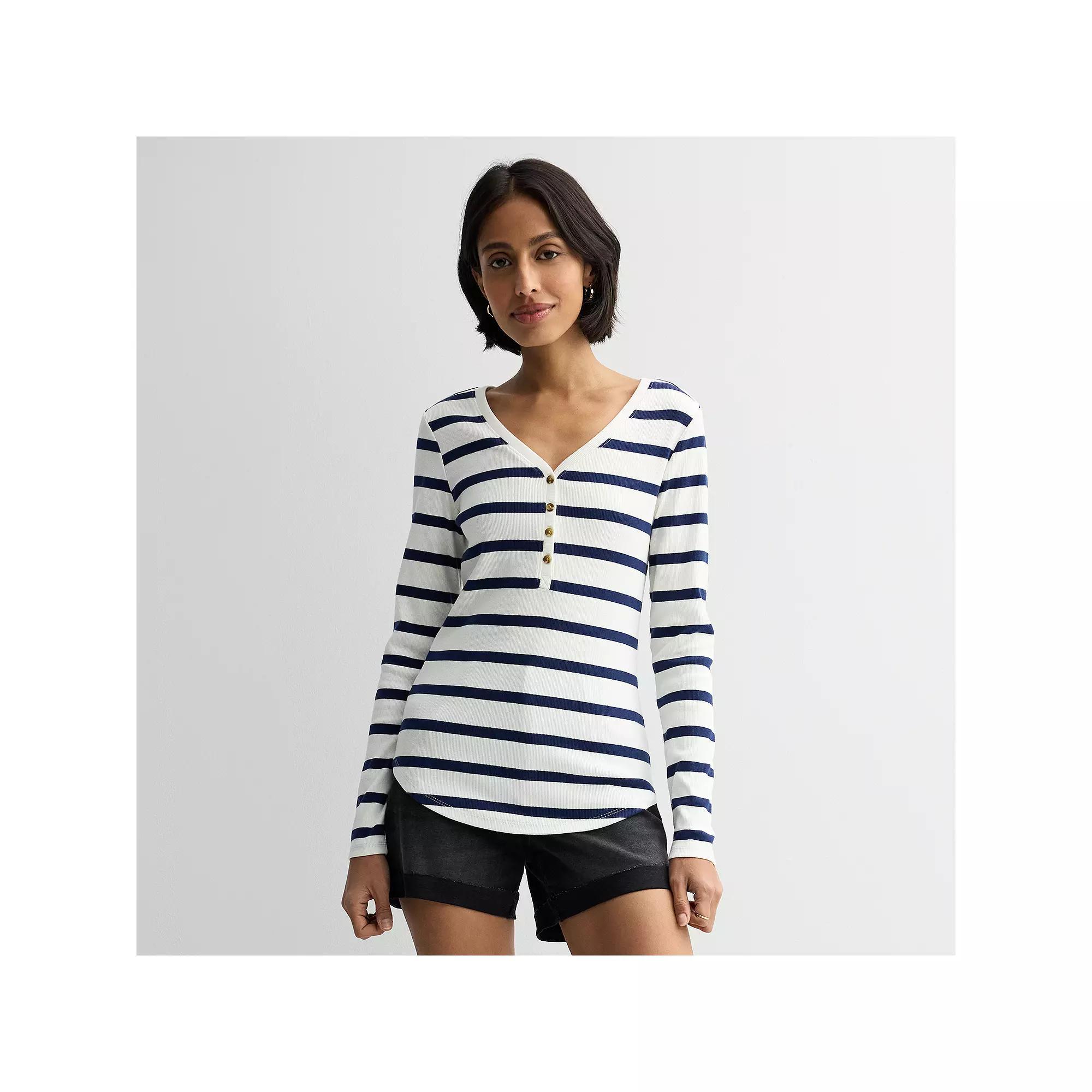 Women's Sonoma Goods For Life® Rib Long Sleeve Henley, Size: XXL, Blue Brown Stripe Product Image