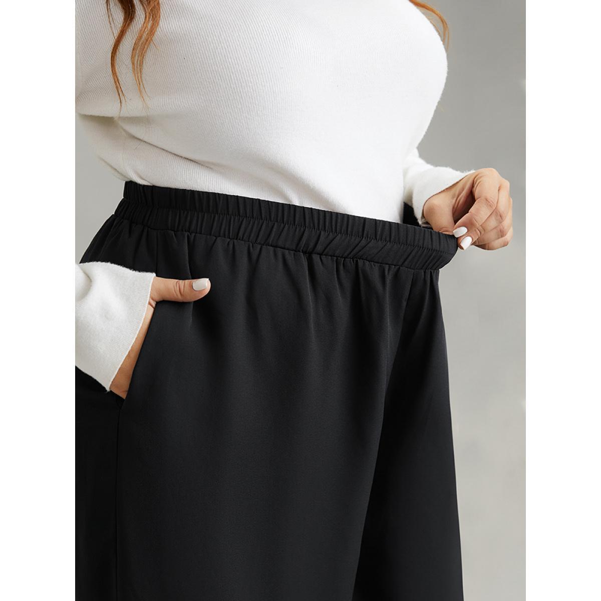 Plus Size Solid Chiffon Elastic Waist Wide Leg Pants Women Black Elegant Wide Leg High Rise Dailywear Pants BloomChic 28/5X Product Image