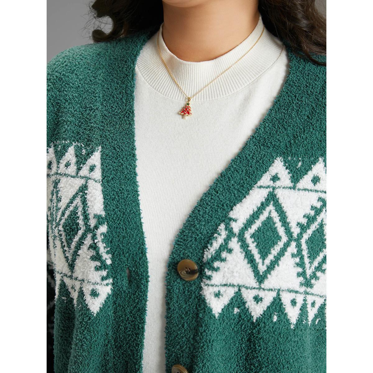Plus Size Fuzzy Geo Graphic Button Fly Cardigan DarkGreen Women Casual Loose Long Sleeve Festival-Christmas Cardigans BloomChic 12/L Product Image