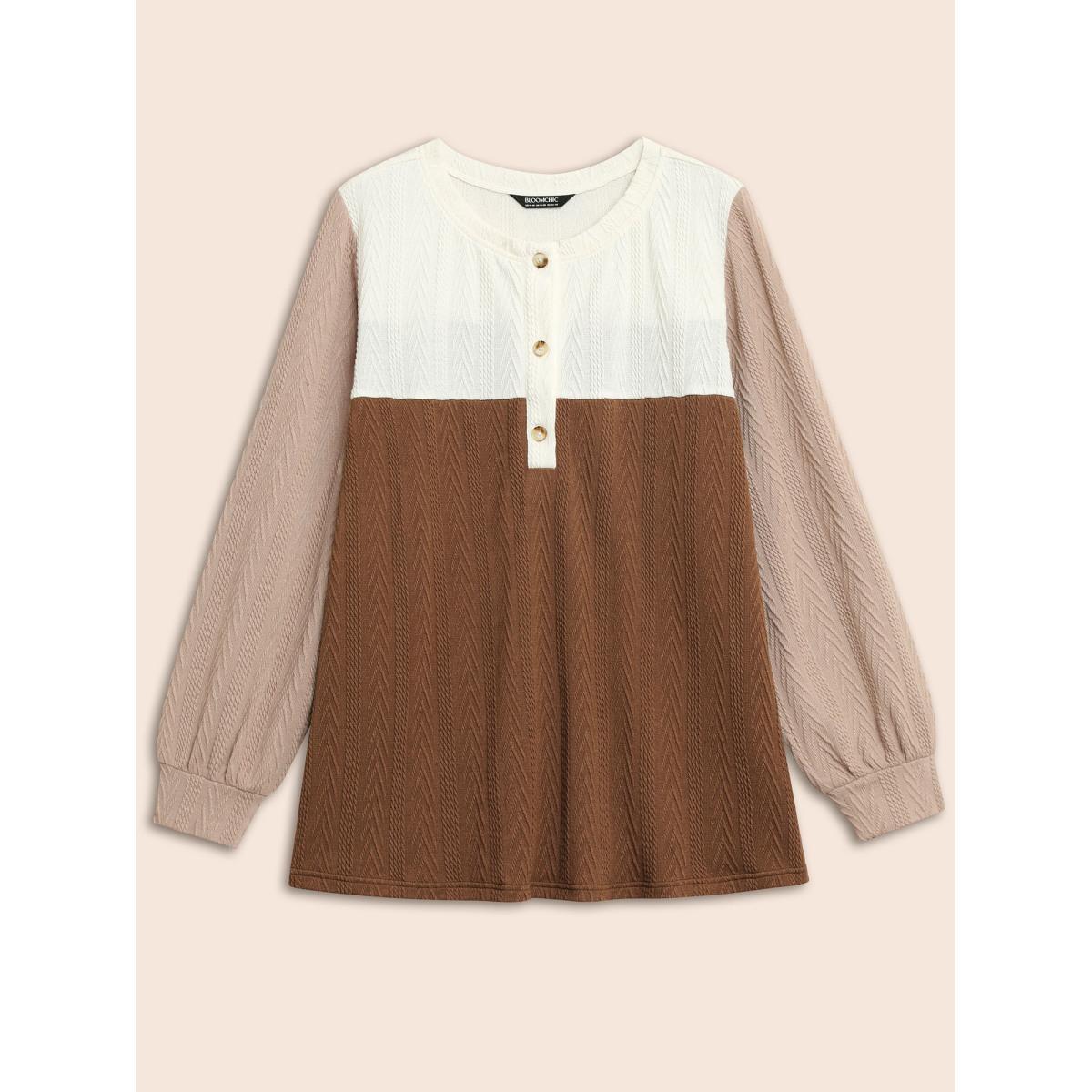 Plus Size Colorblock Contrast Textured Button Up T-shirt Multicolor Women Casual Texture Round Neck Everyday T-shirts BloomChic 26/4X Product Image