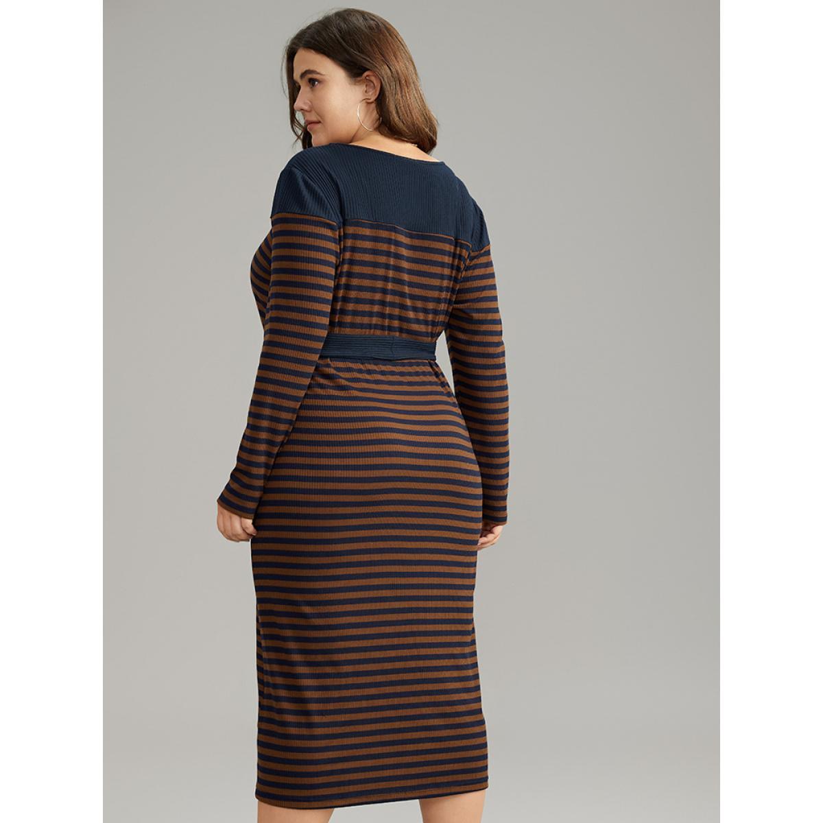 Plus Size Rib Knit Belted Patchwork Contrast Dress DarkBrown Women Casual Belted V-neck Long Sleeve Curvy Midi Dress BloomChic 30/6X Product Image