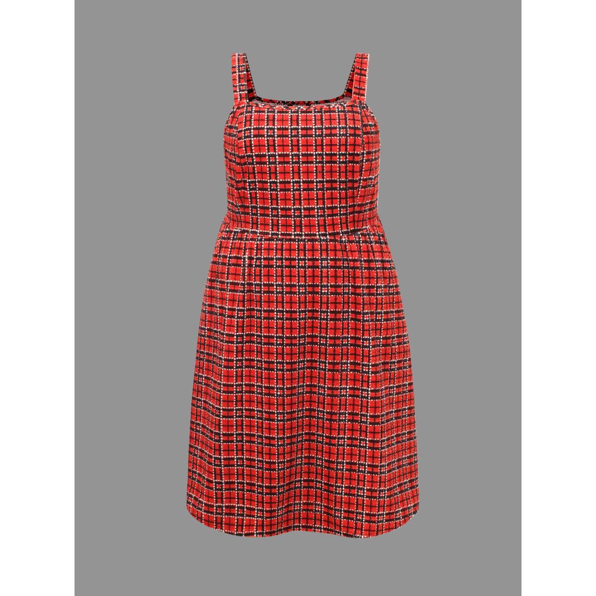 Plus Size Plaid Pinafore Elastic Waist Midi Dress Scarlet Women Elegant Texture Square Neck Sleeveless Curvy BloomChic 10/M Product Image