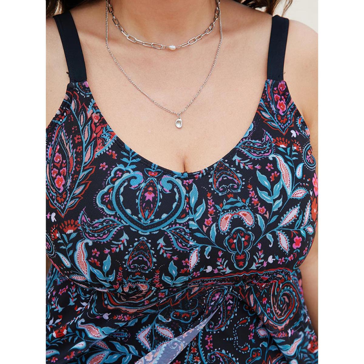 Plus Size Paisley Print Split Ruffle Hem Swim Dress Women's Swimwear BlackFlower Vacation Bodycon Round Neck High stretch Curve Swim Dresses BloomChic 12/L Product Image