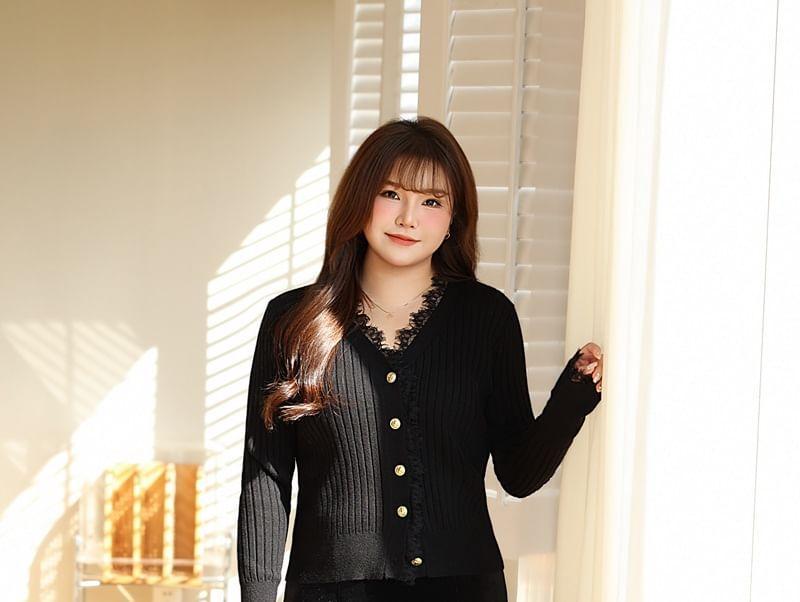 Plus Size V-Neck Plain Lace Trim Button Down Cardigan Product Image