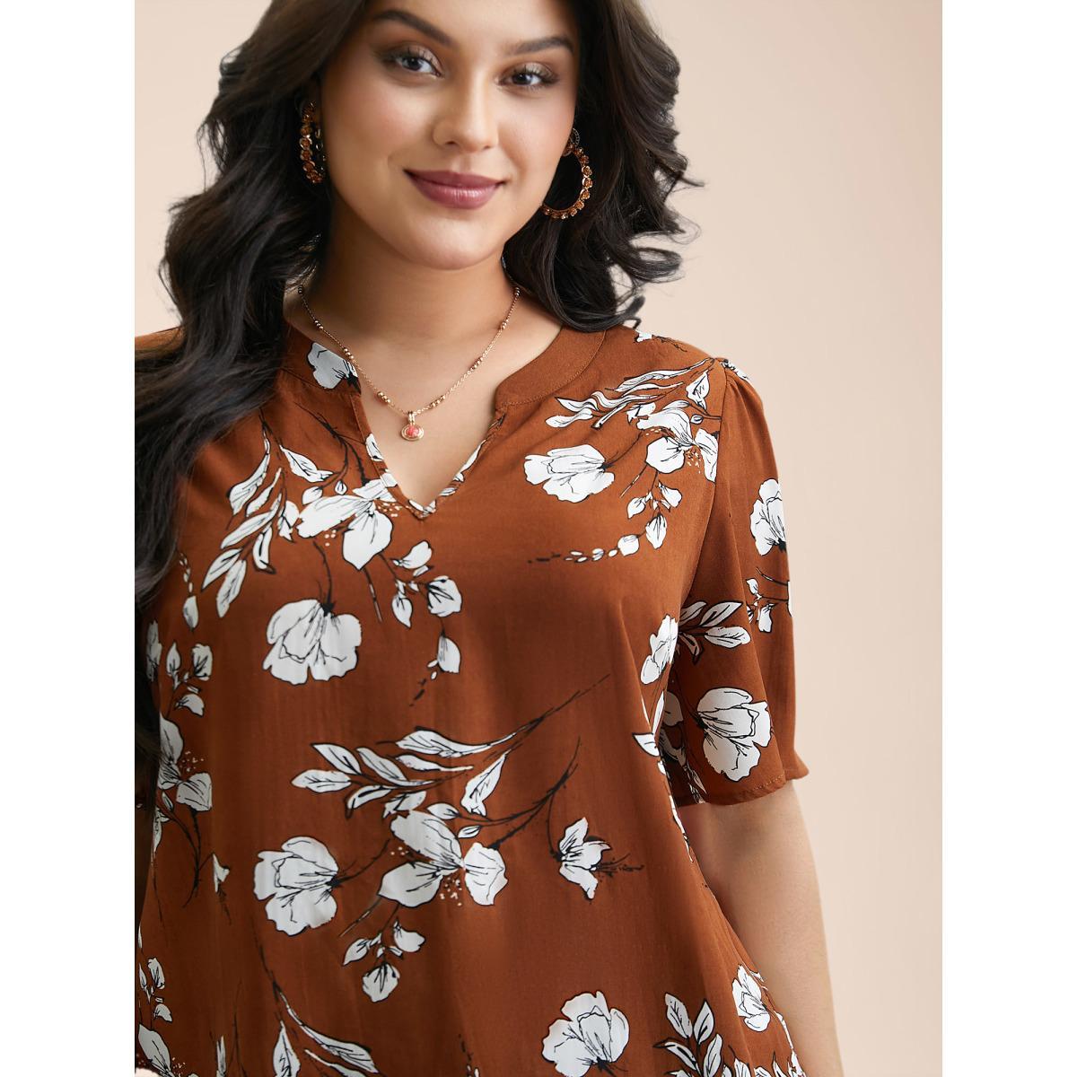 Plus Size Browncoffeecolor Floral Print Notched Collar Hi-Low Hem Blouse Women Elegant Half Sleeve Flat collar with V-notch Everyday Blouses BloomChic 10/M Product Image