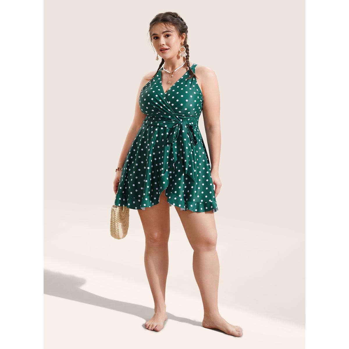 Plus Size Overlap Collar Polka Dot Tie Knot Ruffles Swim Dress Women's Swimwear DarkGreen Beach Bodycon Overlap Collar High stretch Curve Swim Dresses BloomChic 12/L Product Image