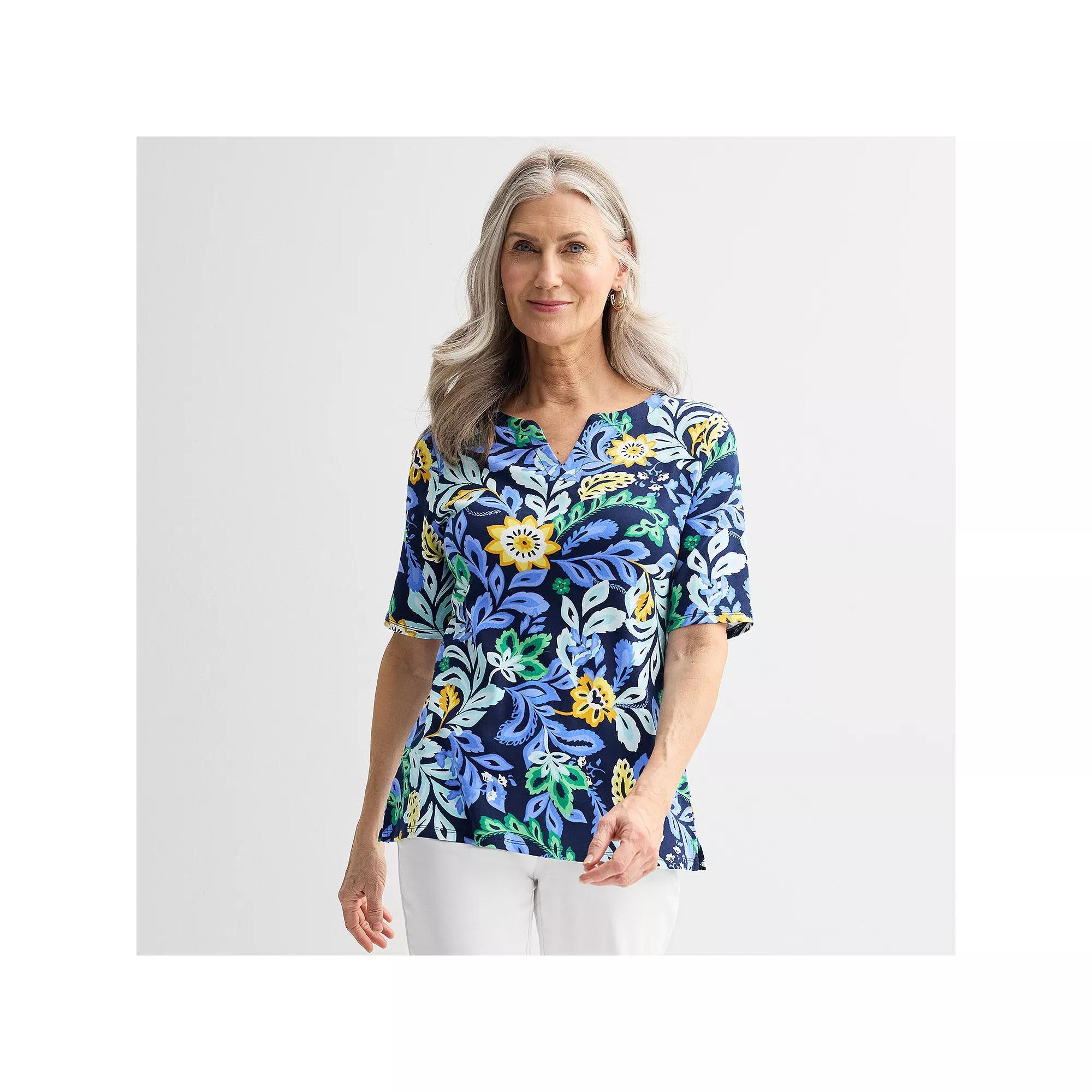 Women's Croft & Barrow® Elbow-Sleeve Splitneck Top, Size: Medium, Pink Tidy Stripe Product Image