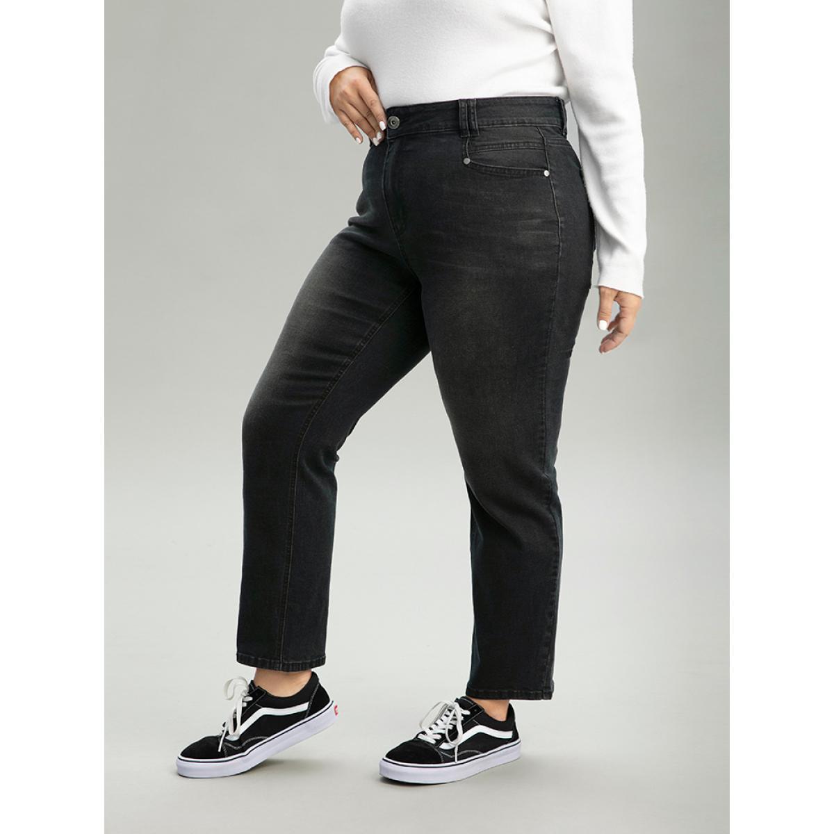 Plus Size Vintage Black Wash Straight Leg Jeans Women Black Casual Plain Plain High stretch Pocket Jeans BloomChic 26/4X Product Image