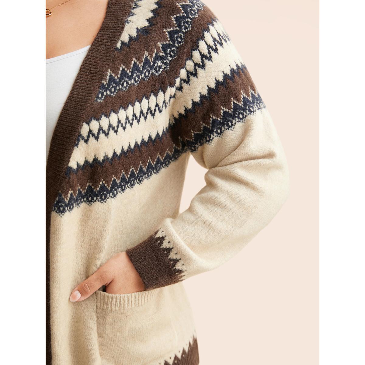 Plus Size Supersoft Essentials Bandana Jacquard Pocket Cardigan DarkBrown Women Casual Loose Long Sleeve Everyday Cardigans BloomChic 30/6X Product Image