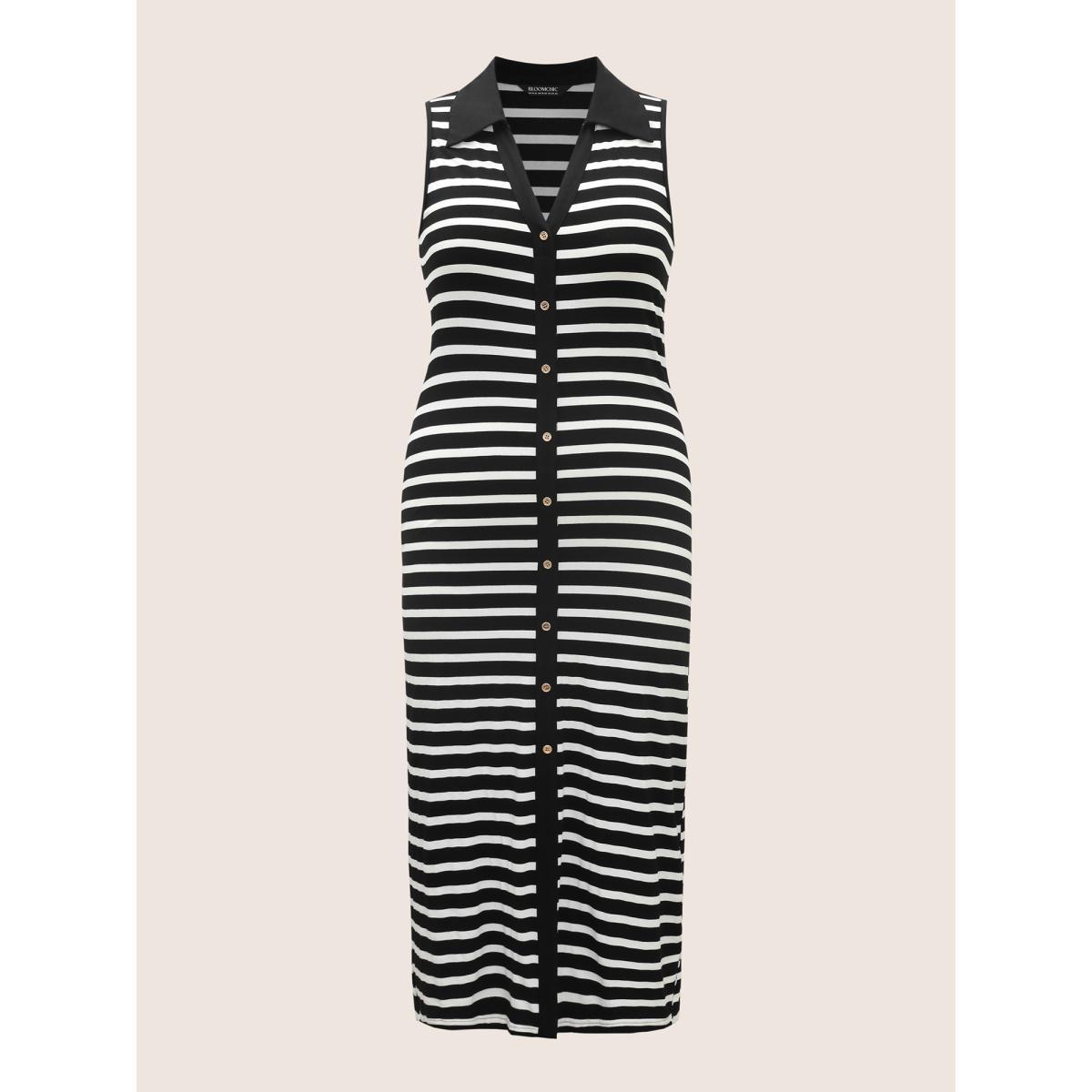 Plus Size Lapel Collar Striped Button Detail Midi Dress Black Women Work From Home Button Shirt collar Sleeveless Curvy BloomChic 18-20/2X Product Image