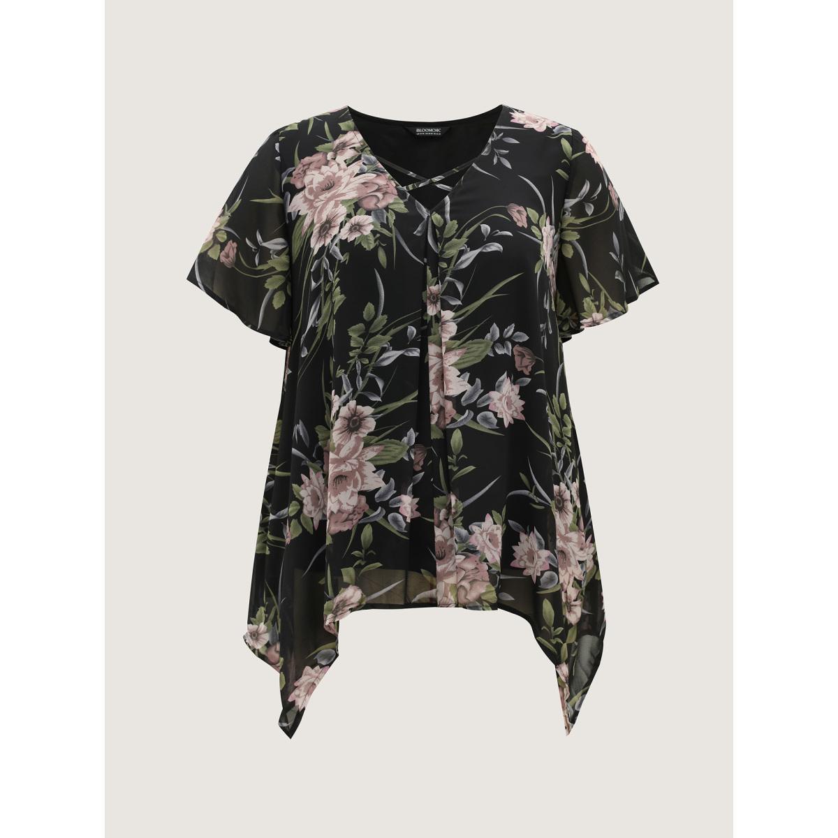 Plus Size Black Chiffon Floral Crisscross Hanky Hem Blouse Women Elegant Short sleeve V-neck Everyday Blouses BloomChic 14-16/1X Product Image