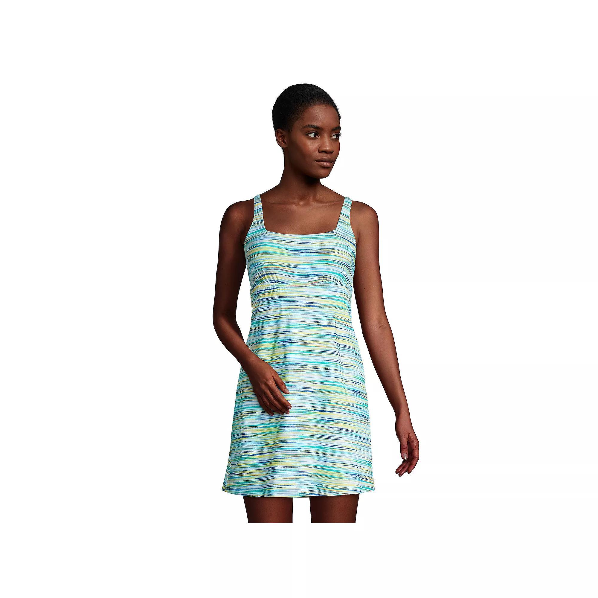 Women's Lands' End Tummy Control UPF 50 Squareneck One-Piece Swim Dress, Size: 2, Blue Space Dye Product Image
