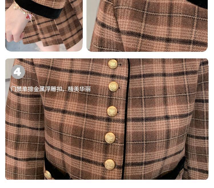 Set: Stand Collar Plaid Contrast Trim Button-Up Crop Jacket + High Waist Pleated Mini A-Line Skirt Product Image