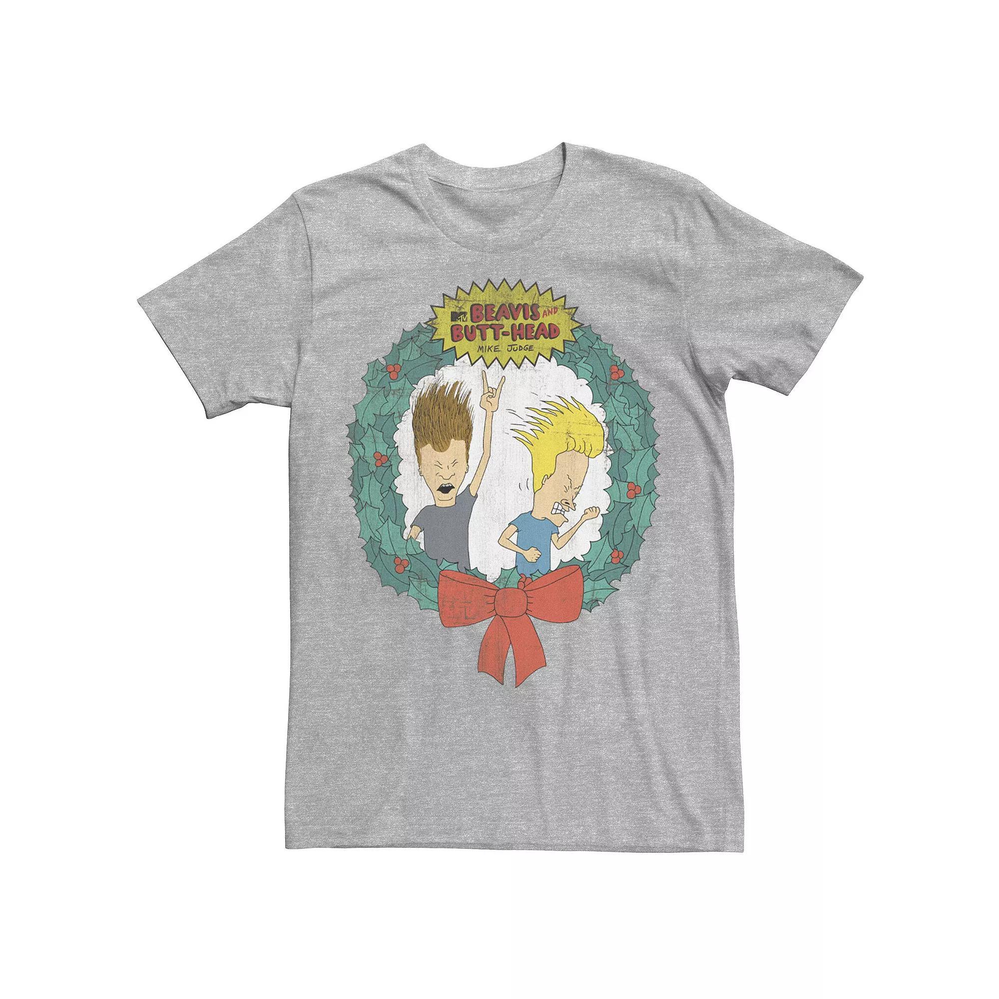 Men's Cartoon Network Beavis and Butthead Christmas Wreath Tee, Size: Medium, Kelly Grey Product Image