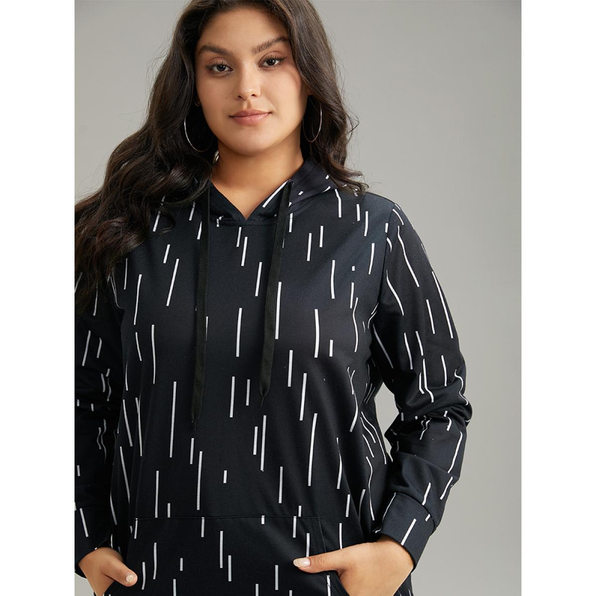 Plus Size Striped Asymmetrical kangaroo pocket Hooded Sweatshirt Women Black Casual Printed Hooded Dailywear Sweatshirts BloomChic 14-16/1X Product Image