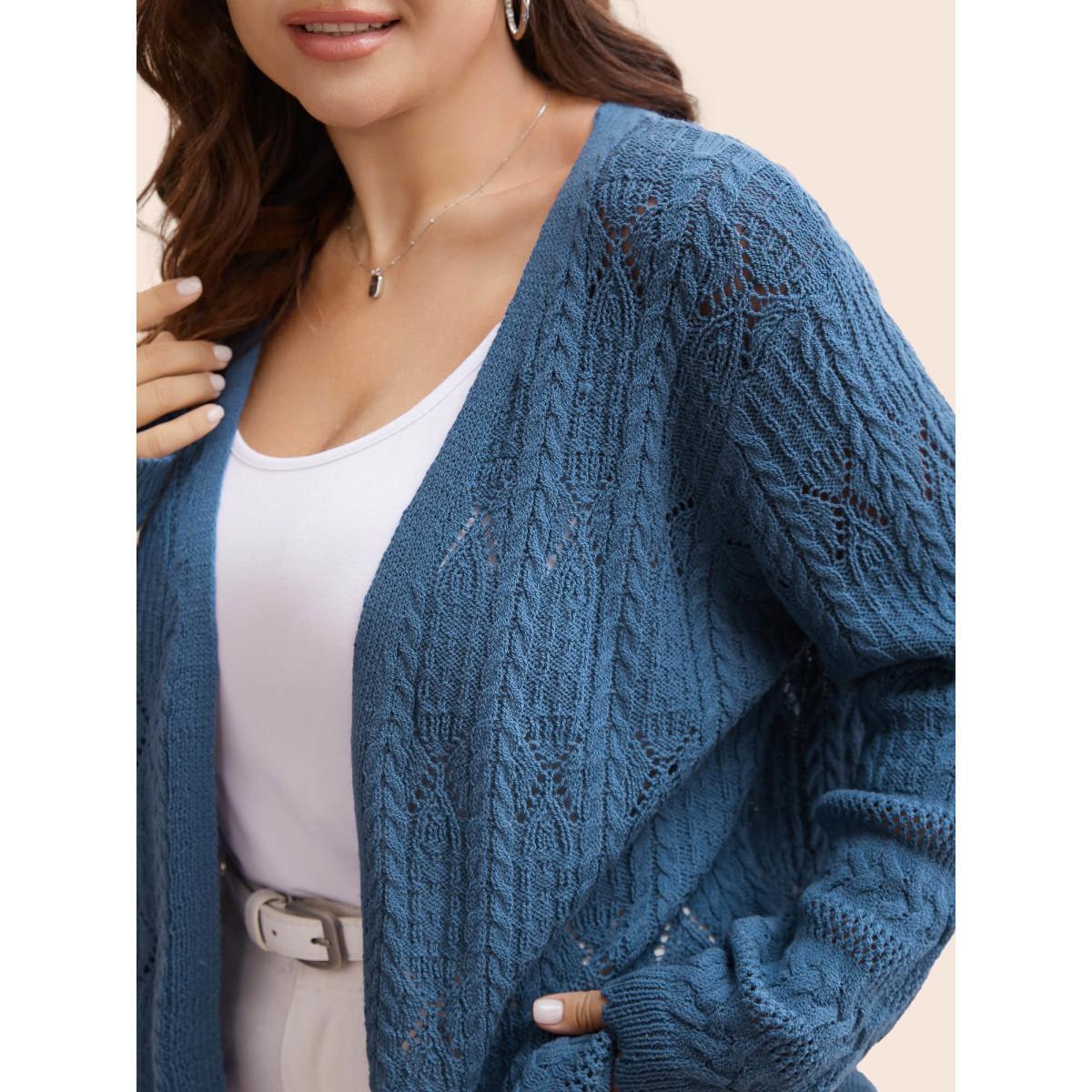 Plus Size Solid Scalloped Trim Cable Knit Cardigan Aegean Women Casual Loose Long Sleeve Everyday Cardigans BloomChic 30/6X Product Image