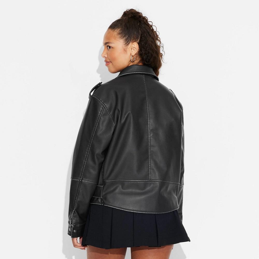 Womens Faux Leather Oversized Moto Jacket - Wild Fable Black L Product Image