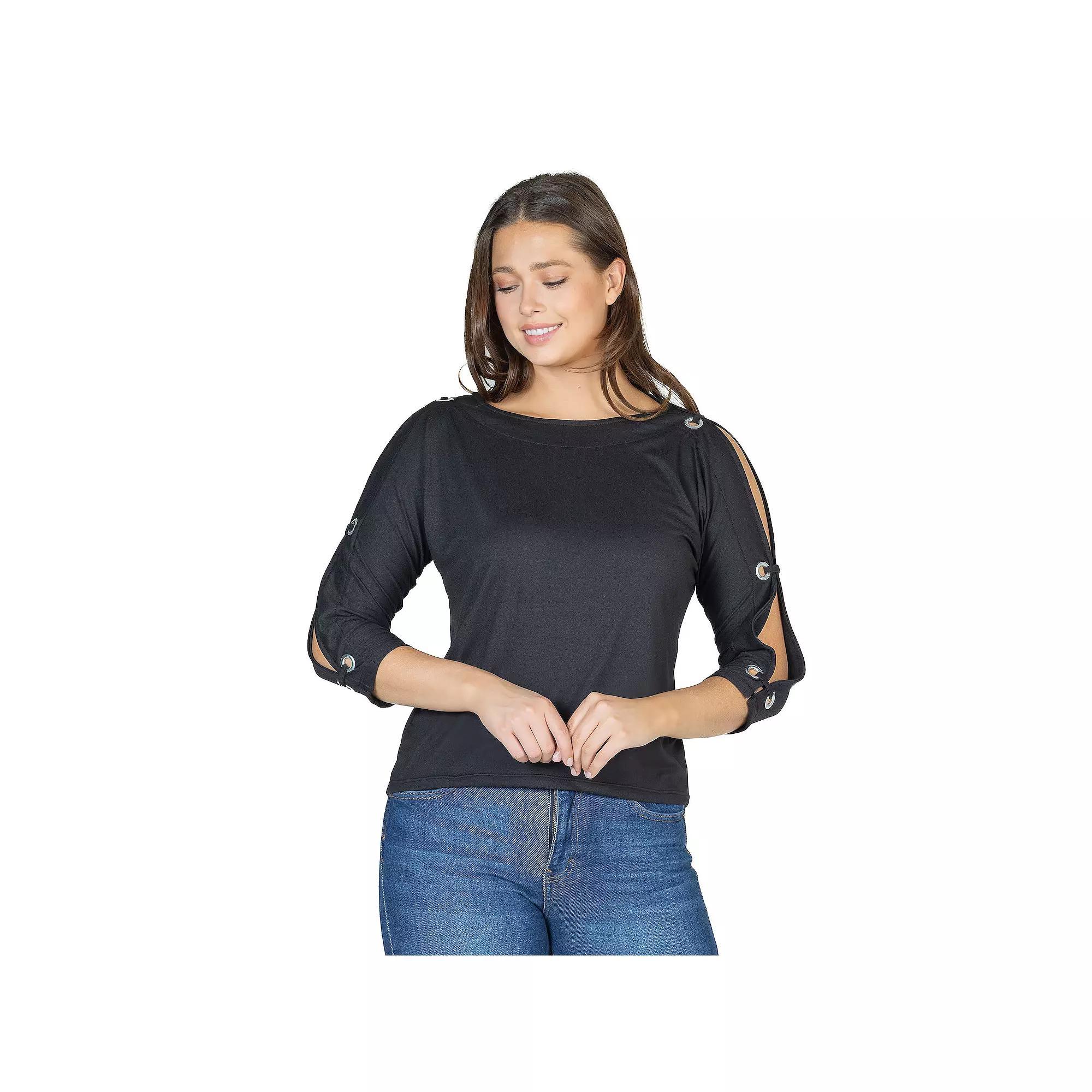Women's 24Seven Comfort Apparel Three-Quarter Sleeve Boatneck Cold Shoulder Top, Size: XL, Black Product Image