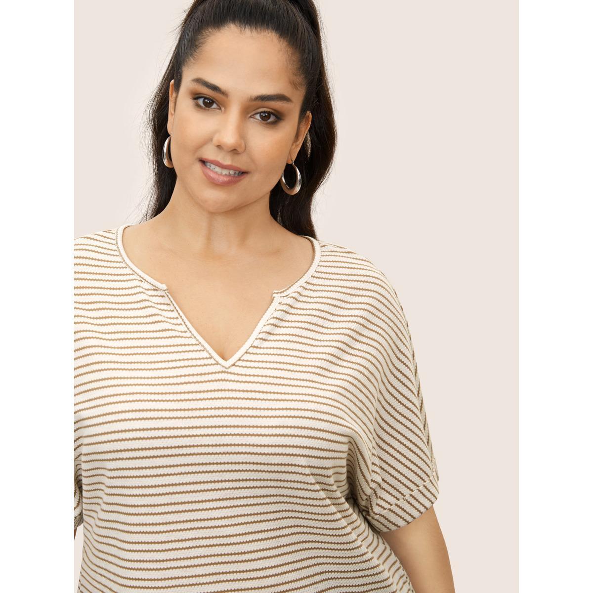 Plus Size Striped Flat Collar With V Notch Cuffed Sleeve T-shirt Tan Women Casual Contrast Flat collar with V-notch Everyday T-shirts BloomChic 22-24/3X Product Image