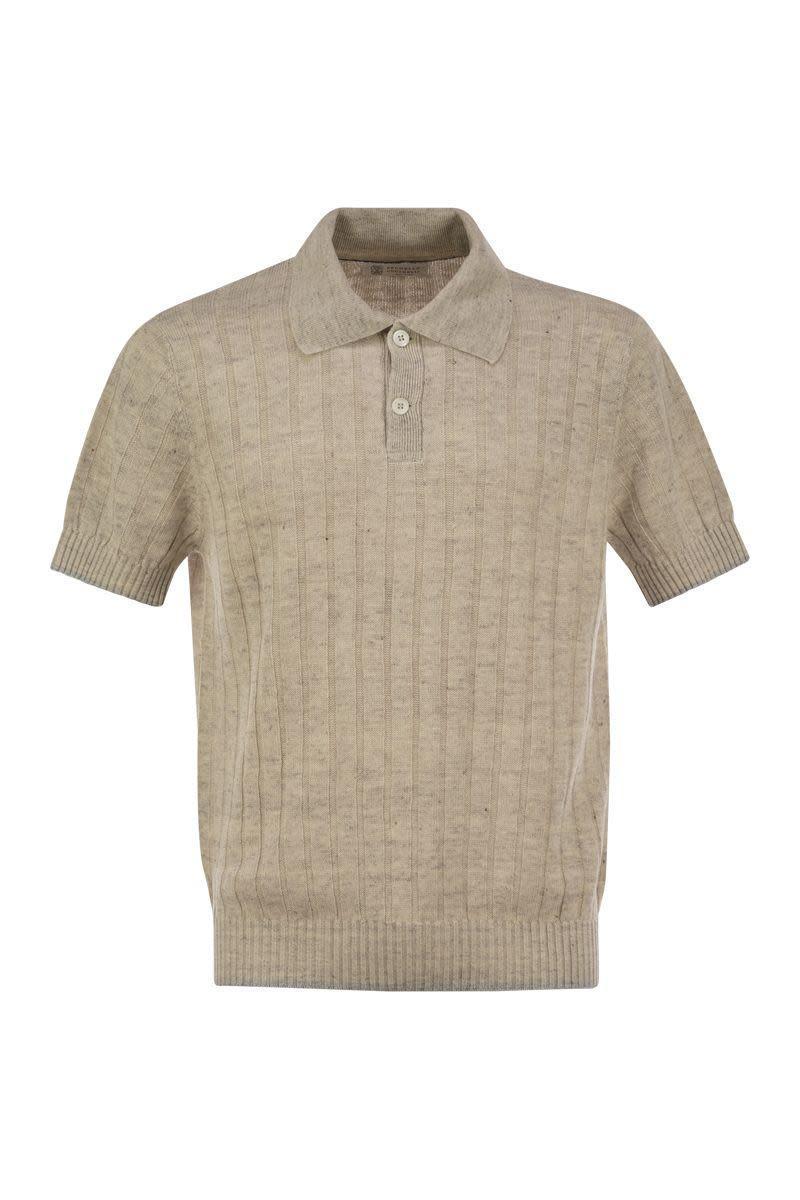 BRUNELLO CUCINELLI Linen And Cotton Knit Polo Shirt With Contrasting Detail In Brown Product Image