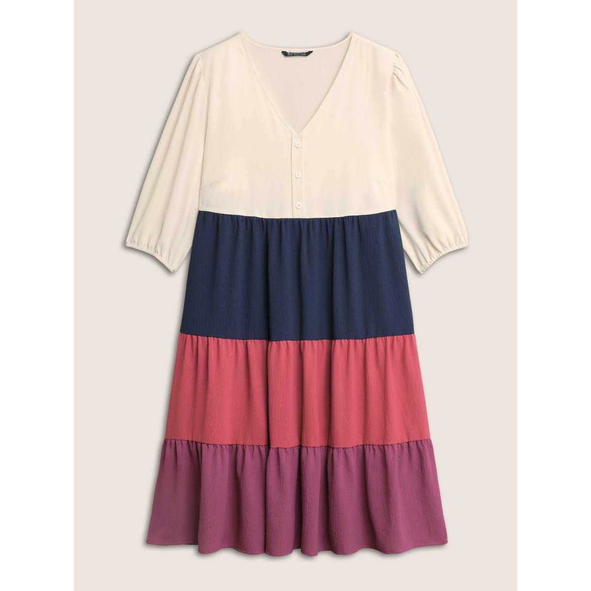 Plus Size Colorblock Contrast Button Detail Layered Hem Dress Multicolor Women Casual Non V-neck Elbow-length sleeve Curvy Midi Dress BloomChic 22-24/3X Product Image