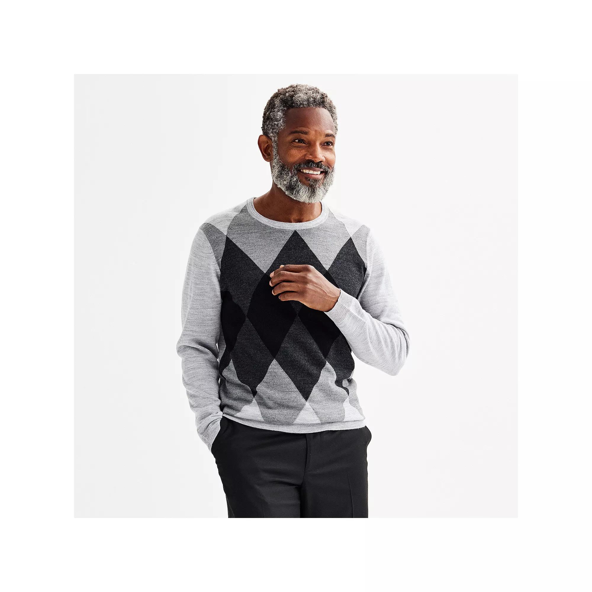 Men's Apt. 9® Merino Pattern Crewneck Sweater, Size: Large, Gray Argyle Product Image