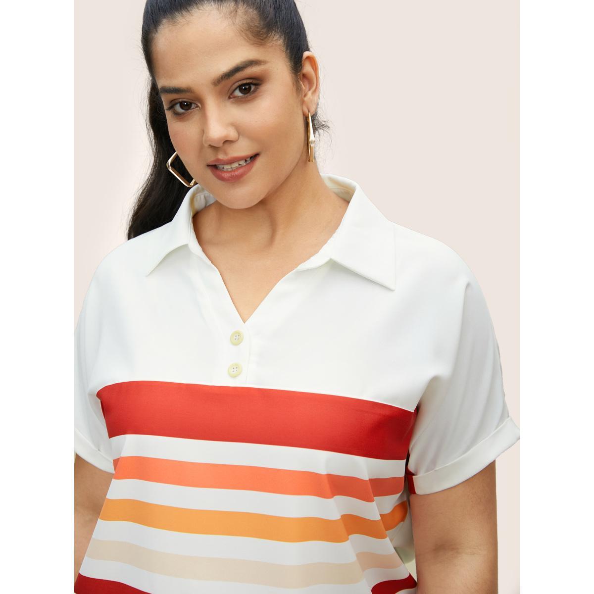 Plus Size Multicolor Striped Contrast Shirt Collar Batwing Sleeve Blouse Women Casual Short sleeve Shirt collar Everyday Blouses BloomChic 30/6X Product Image