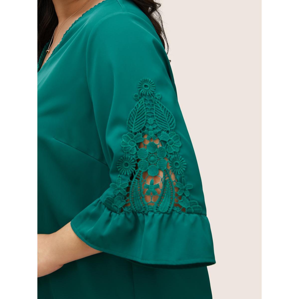 Plus Size Emerald Solid Guipure Lace Patchwork Ruffles Blouse Women Elegant Elbow-length sleeve V-neck Everyday Blouses BloomChic 14-16/1X Product Image