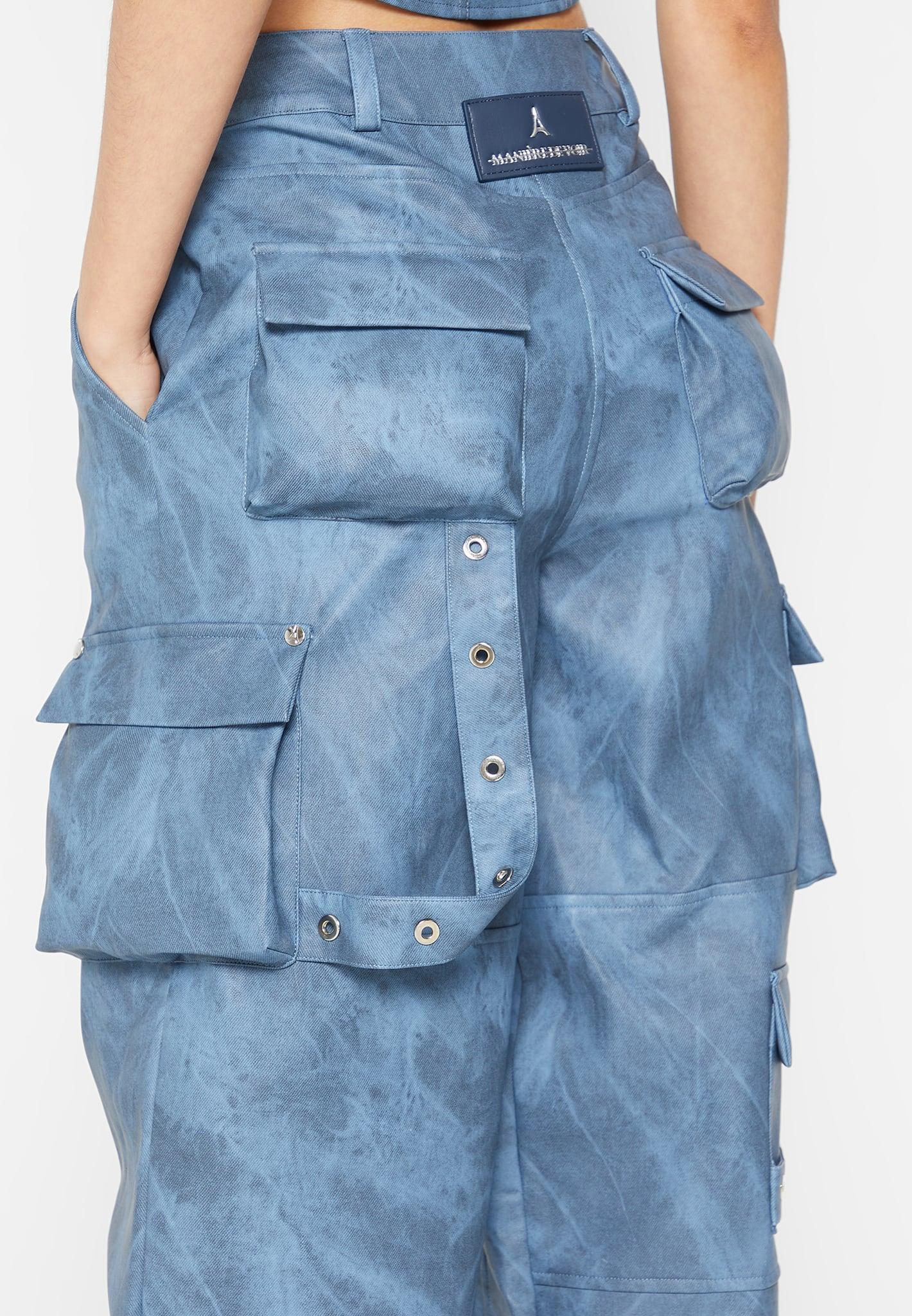 High Waisted Vintage Marble Leather Cargo Pants - Washed Blue Female Product Image