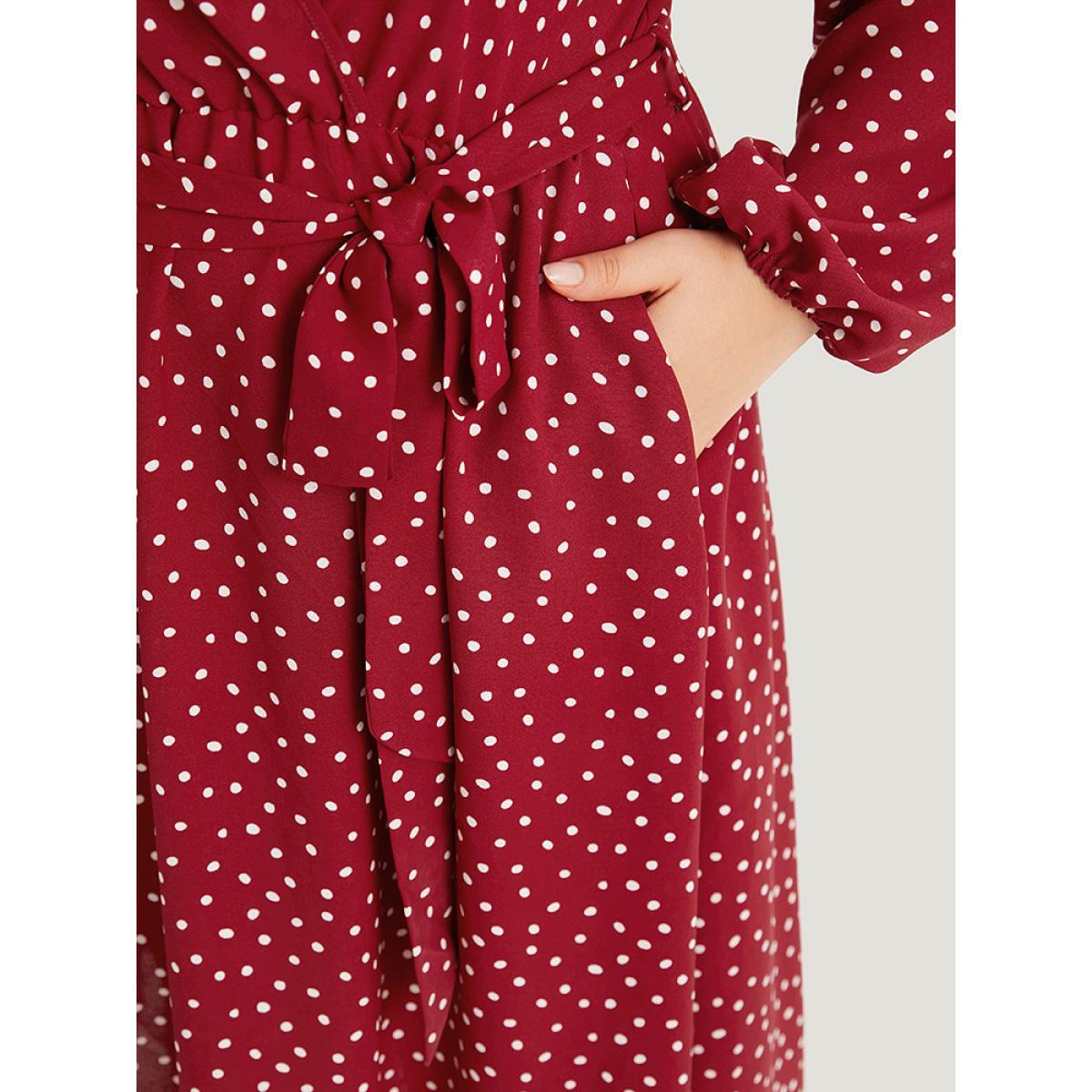 Plus Size Polka Dot Split Side Belted Lantern Sleeve Dress Scarlet Women Elegant Elastic cuffs V-neck Long Sleeve Curvy Midi Dress BloomChic 22-24/3X Product Image