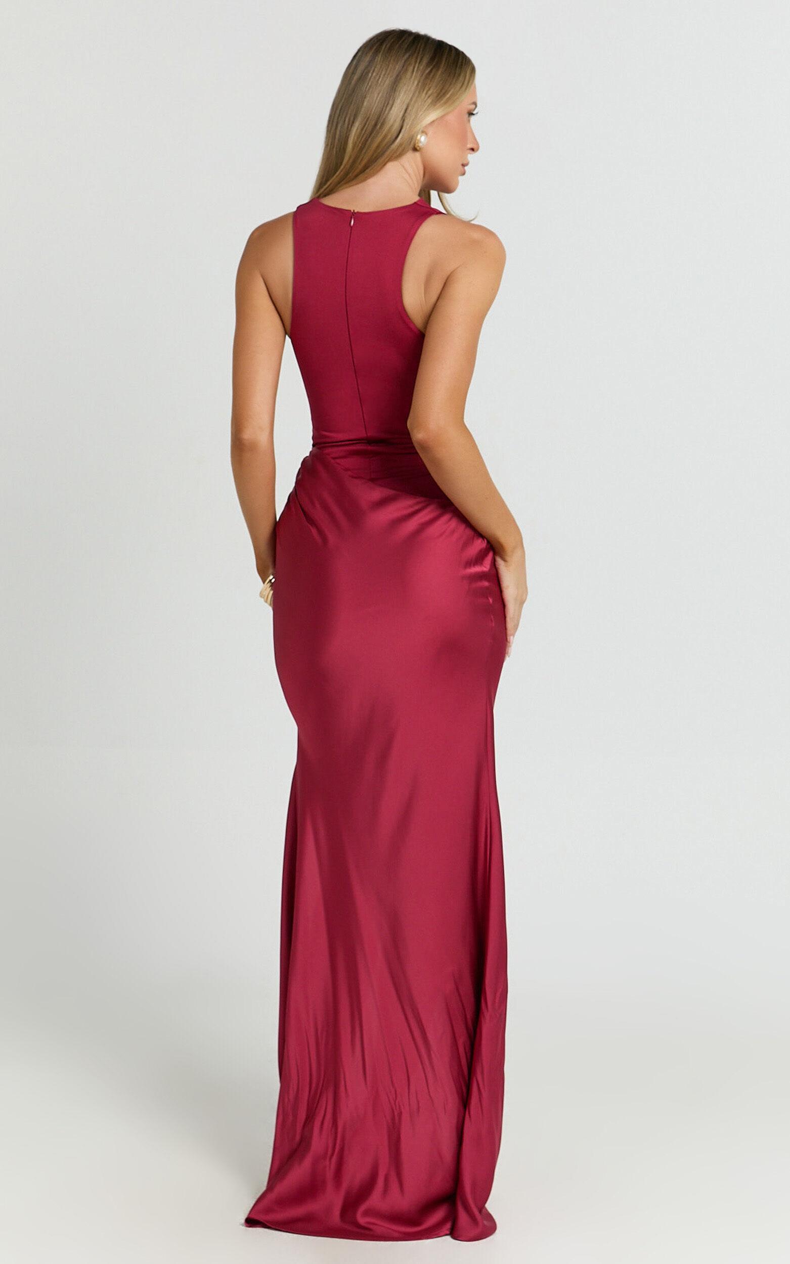 Pepper Maxi Dress - High Neck Bodysuit with Draped Skirt in Cherry Product Image