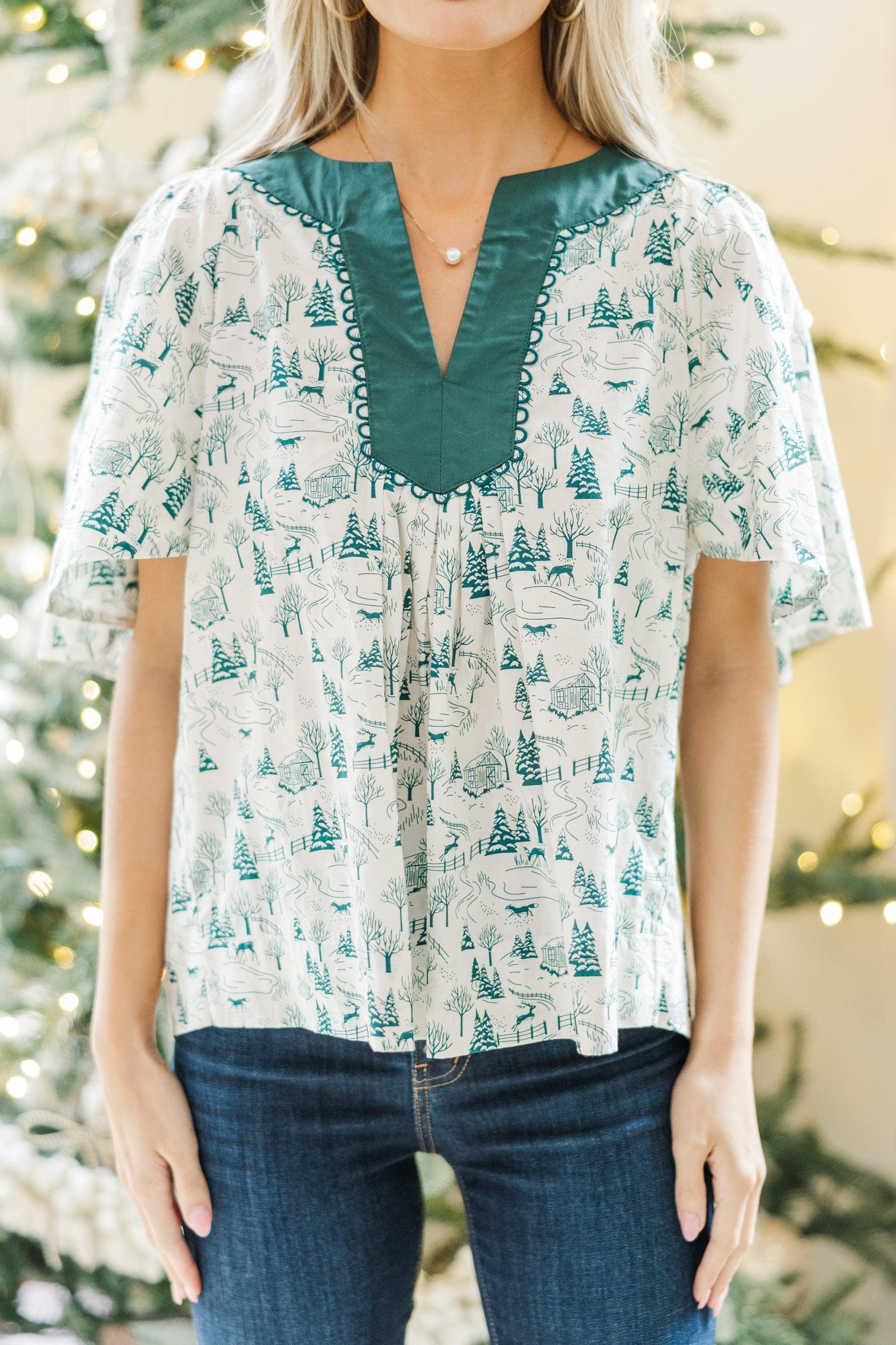 Just A Theory Green Holiday Toile Blouse Female Product Image