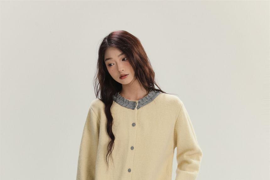 Crew Neck Gingham Panel Frill Trim Button-Up Cardigan Product Image