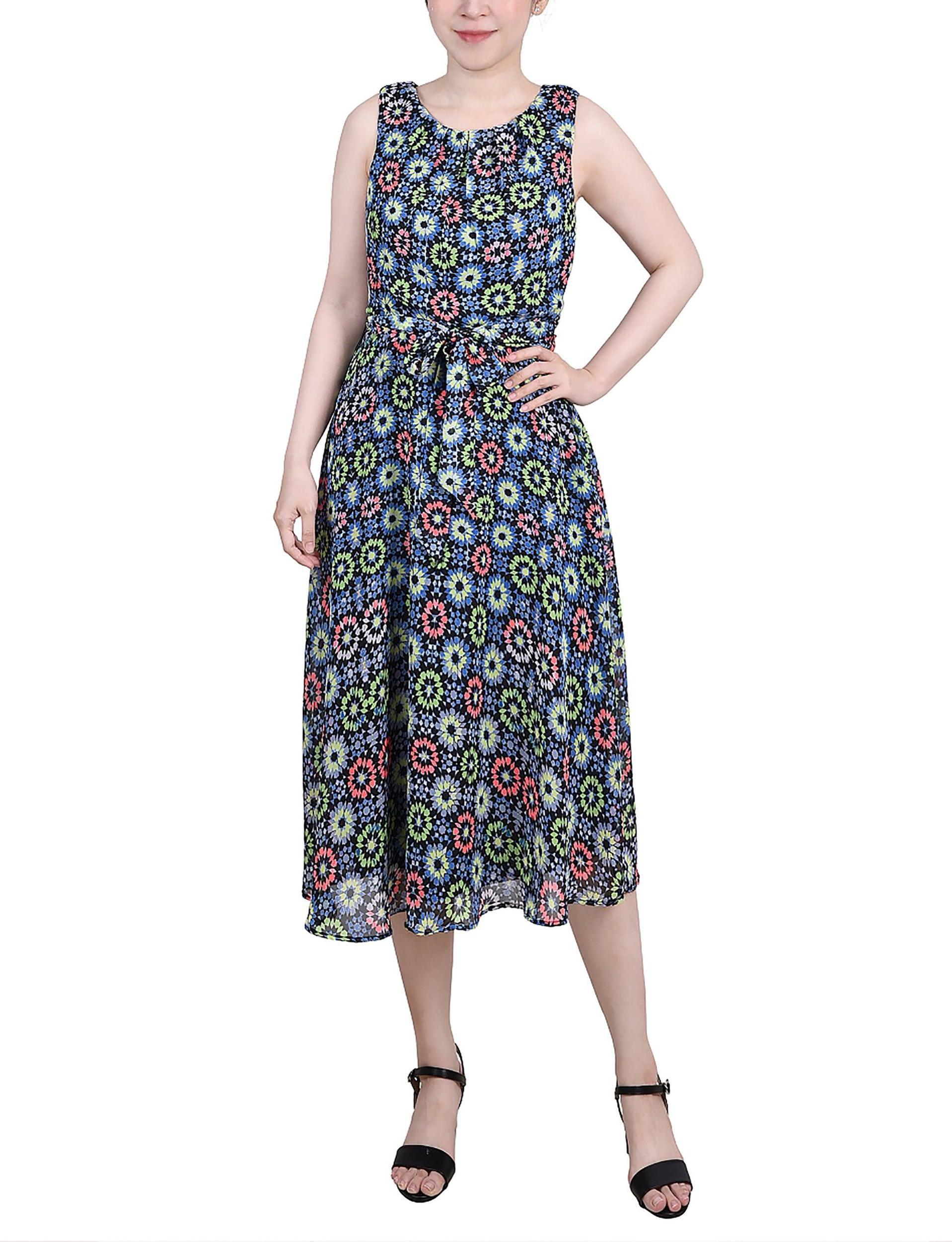 Geo Hippe Peasant Sleeveless Chiffon Belted Dress - Petite Product Image